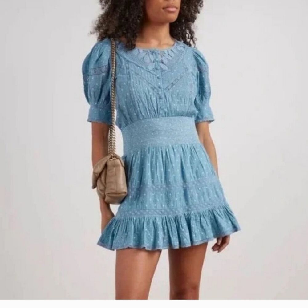 LoveShackFancy Jaislyn Blue Floral Lace Tiered Cotton Dress Size XS